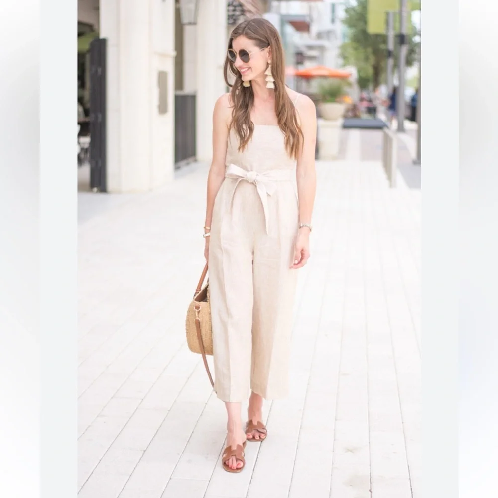 J. Crew striped Linen belted Jumpsuit with Spaghetti Straps and Wide-Leg Design